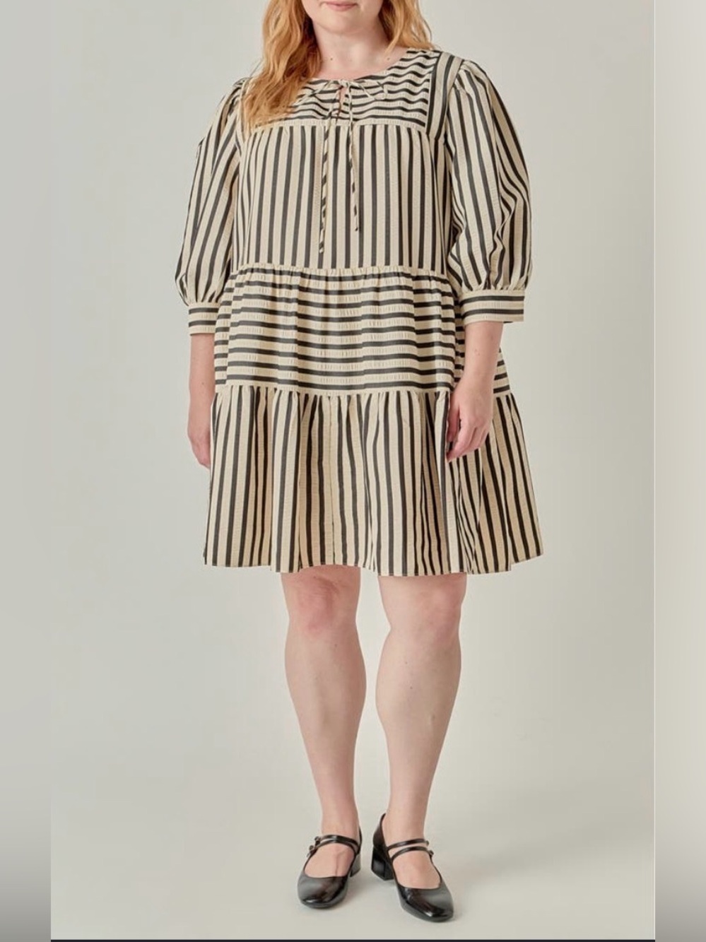 English Factory Plus Striped Mini Dress Black and Cream Tiered Tie-front